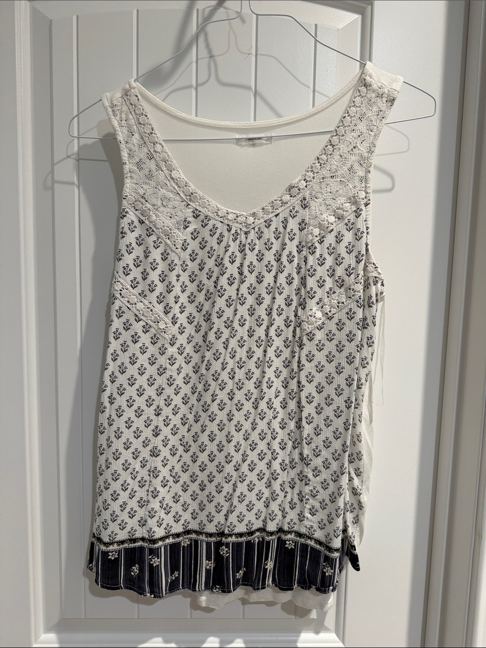 Maurices Cream Sleeveless Tank with Navy Print and Lace